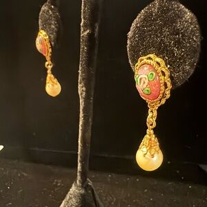 Vintage Avon Gold and Pink Drop Earrings with Green Accents